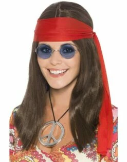 Hippie Chick Set, Bruin, Met Pruik, Bril, Hanger En Haarband