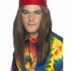 Hippie Man Set, Bruin, Met Pruik, Bril, Hanger En Rode Haarband. -PartyWonders Store hippie man set bruin met pruik bril hanger en rode