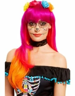 Pruik Deluxe Day Of The Dead, Roze/Oranje